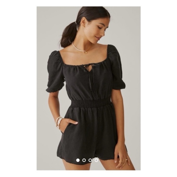Cloth & Stone Anthropologie Black Romper XXS Smocked Tie Front Puff Sleeve Linen - Picture 1 of 16